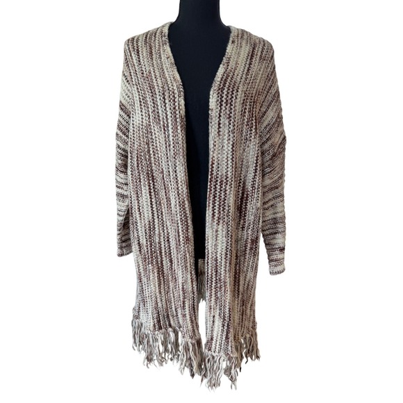 POL Sweaters - POL Open Front Cardigan Sweater Womens M Brown Cream Space Dye Fringe Boho